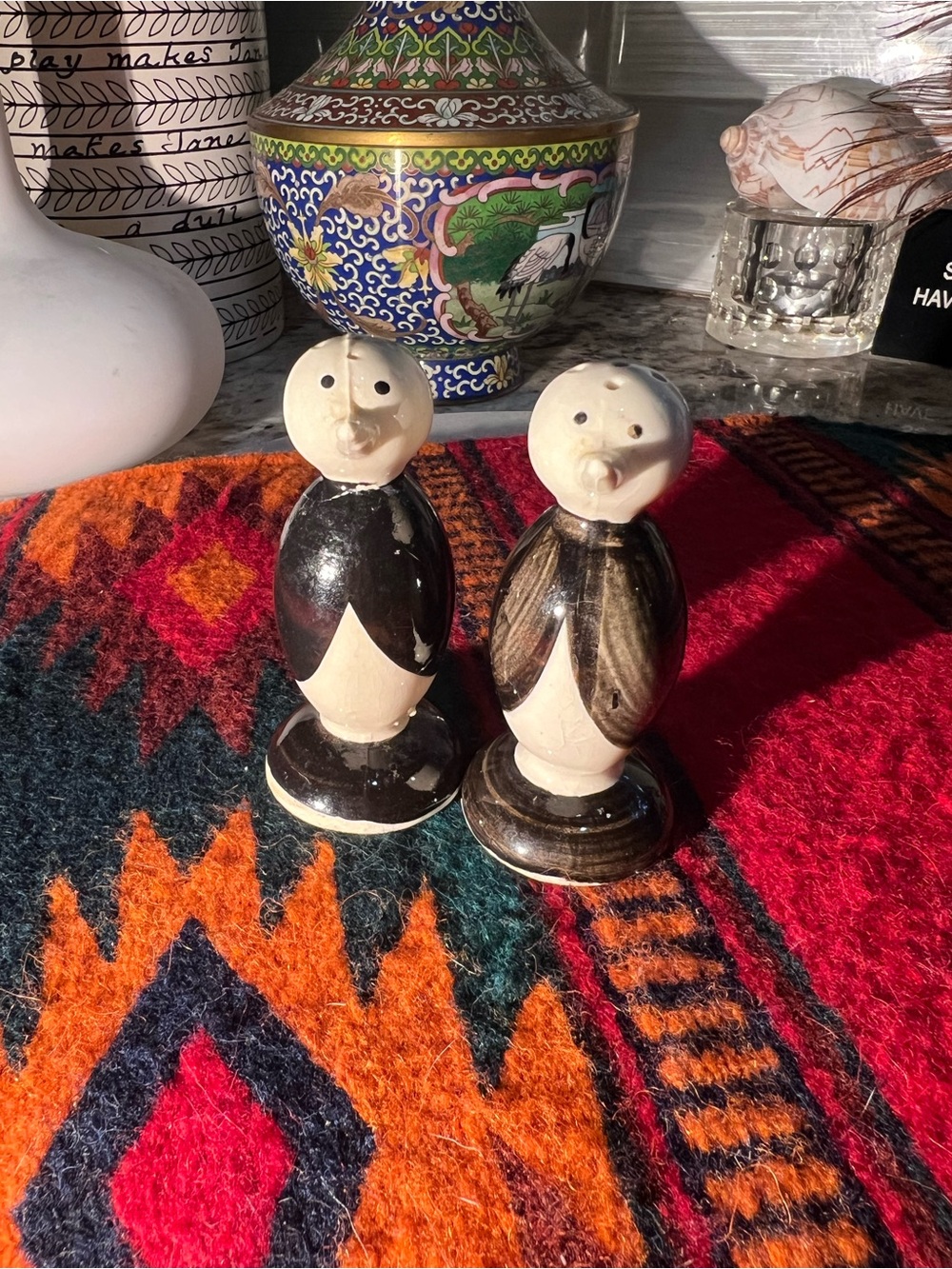 Antique Adorable Hand-Painted Penguin Ceramic Salt and Pepper Shakers